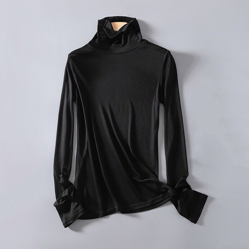Women Mulberry Silk Shirts Turtle Neck Long Sleeve Thermal Shirt Base Layer Top
