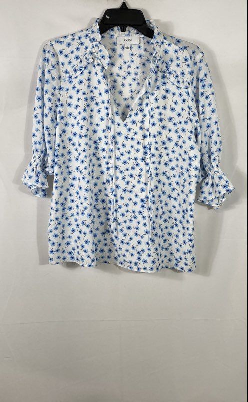 CeCe Women’s New Ivory Blue Floral Countryside Stroll Tie Neck Blouse Sz M NWT