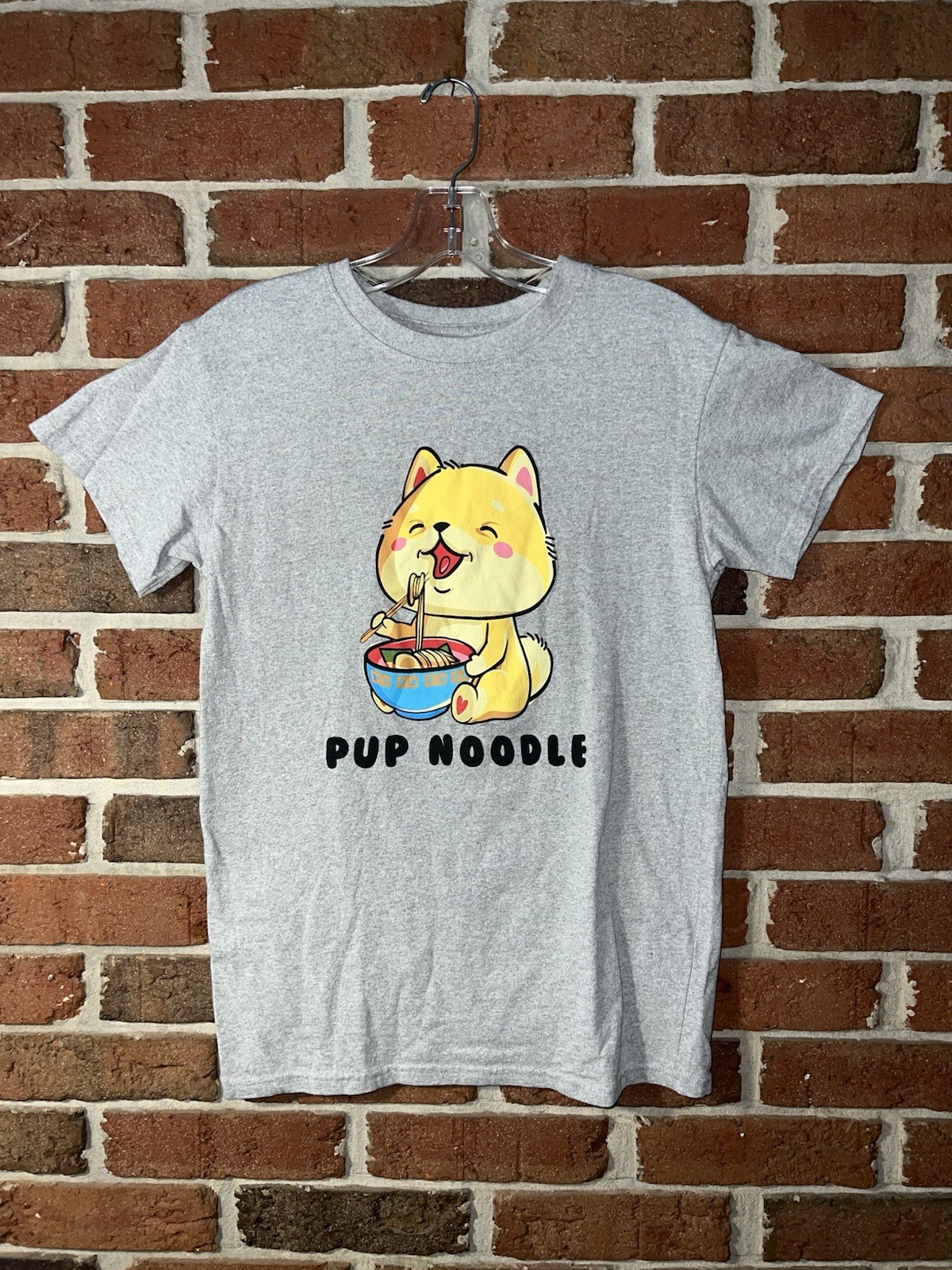 Brisco Brands Pup Noodle Dog Eating Soup T Shirt Gray Short Sleeve Top Small