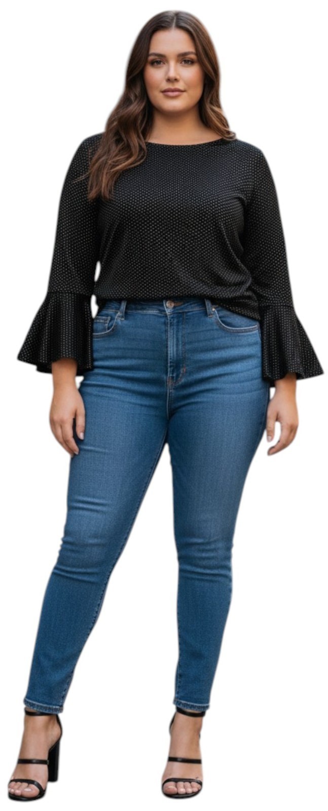 Ladies Black Silver Top Flared Cuff 3/4 Sleeve Plus Size