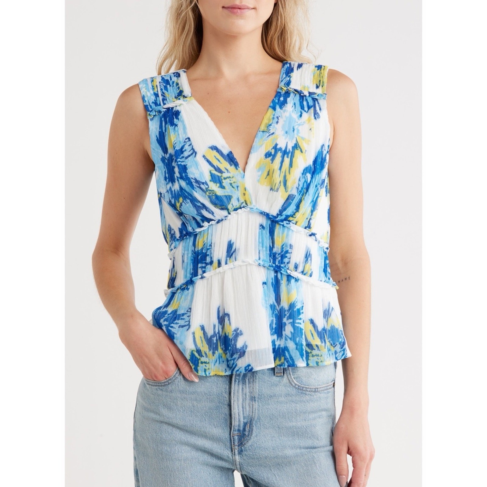 Ramy Brook New York Floral Sleeveless Ruffle Surplice Blouse Top Size S NWOT