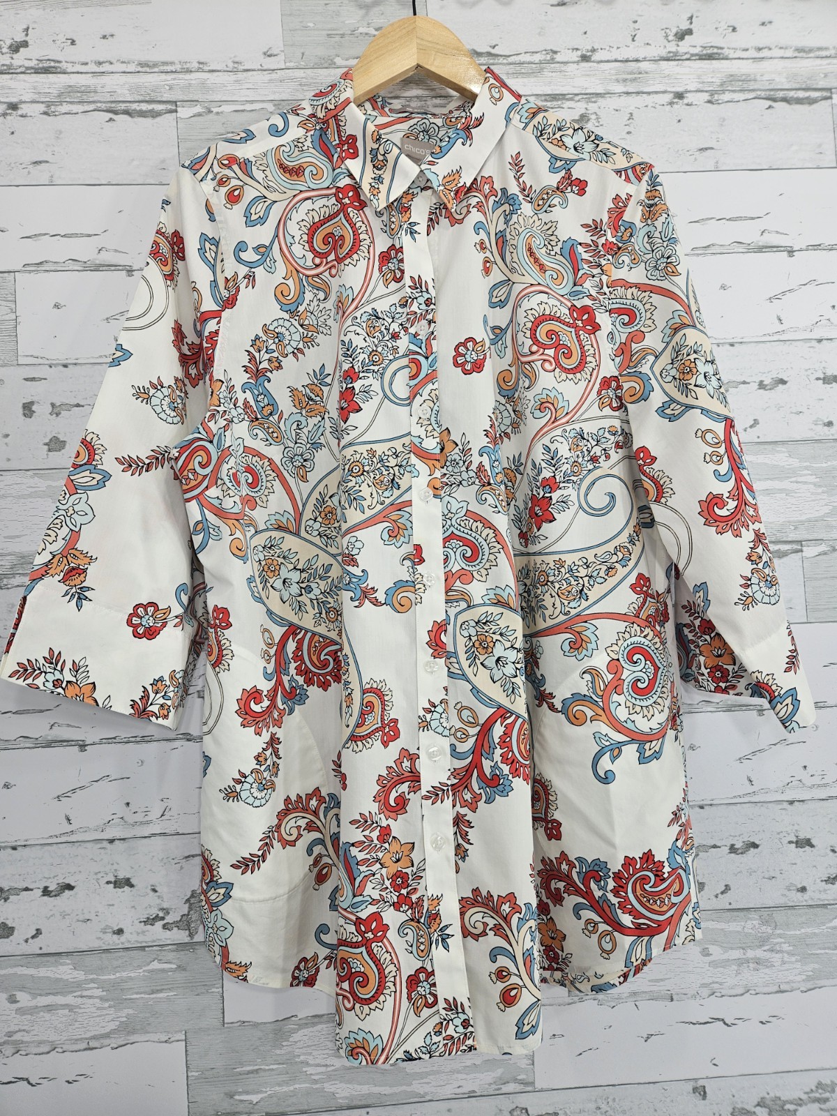 Chicos No Iron Womens 3 US 16/18 Cotton Paisley Pocket Tunic Button Down Shirt
