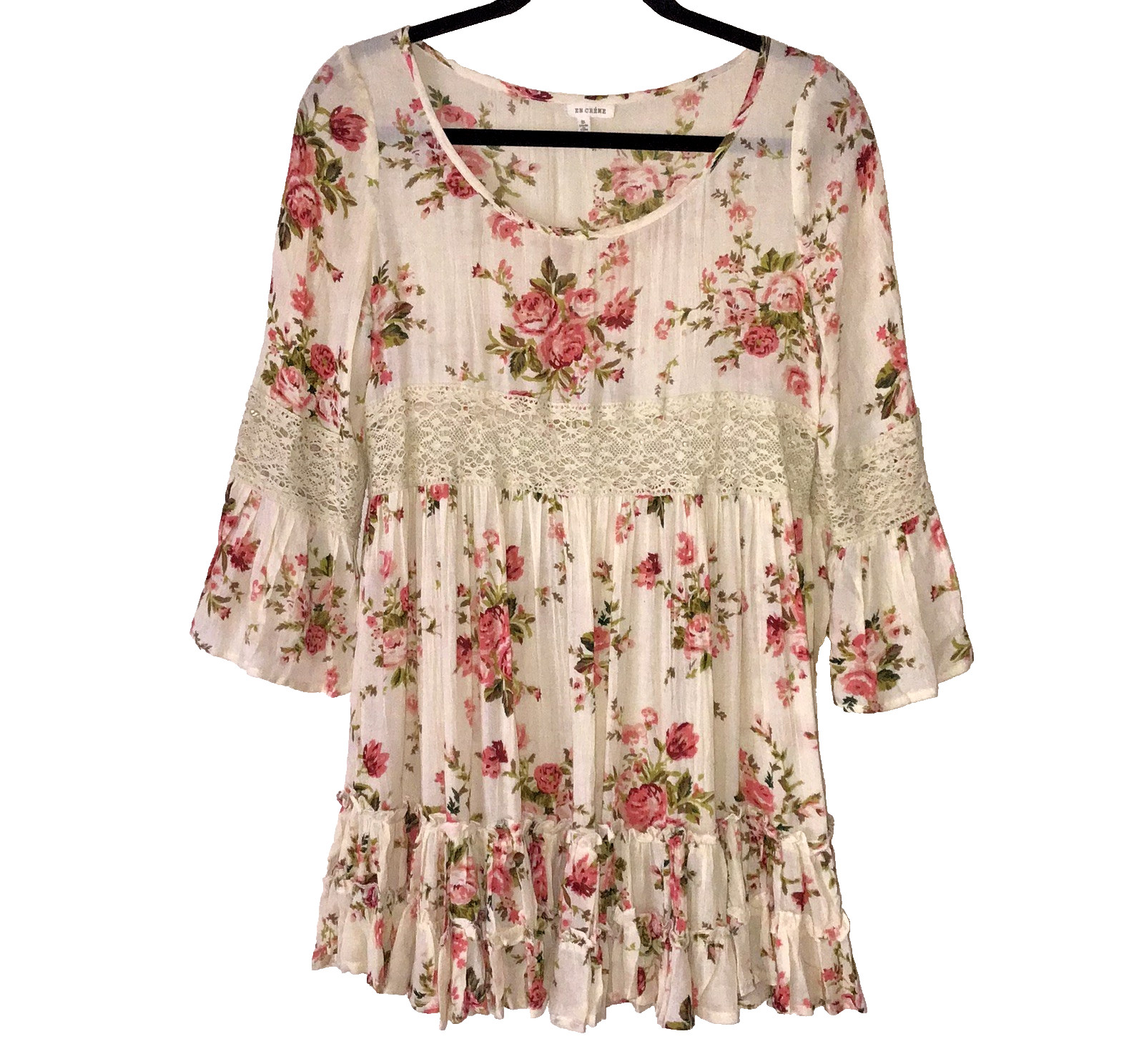 En Creme Womens Tunic Top S Multicolor Floral Mesh Lace Bell Sleeve Pullover