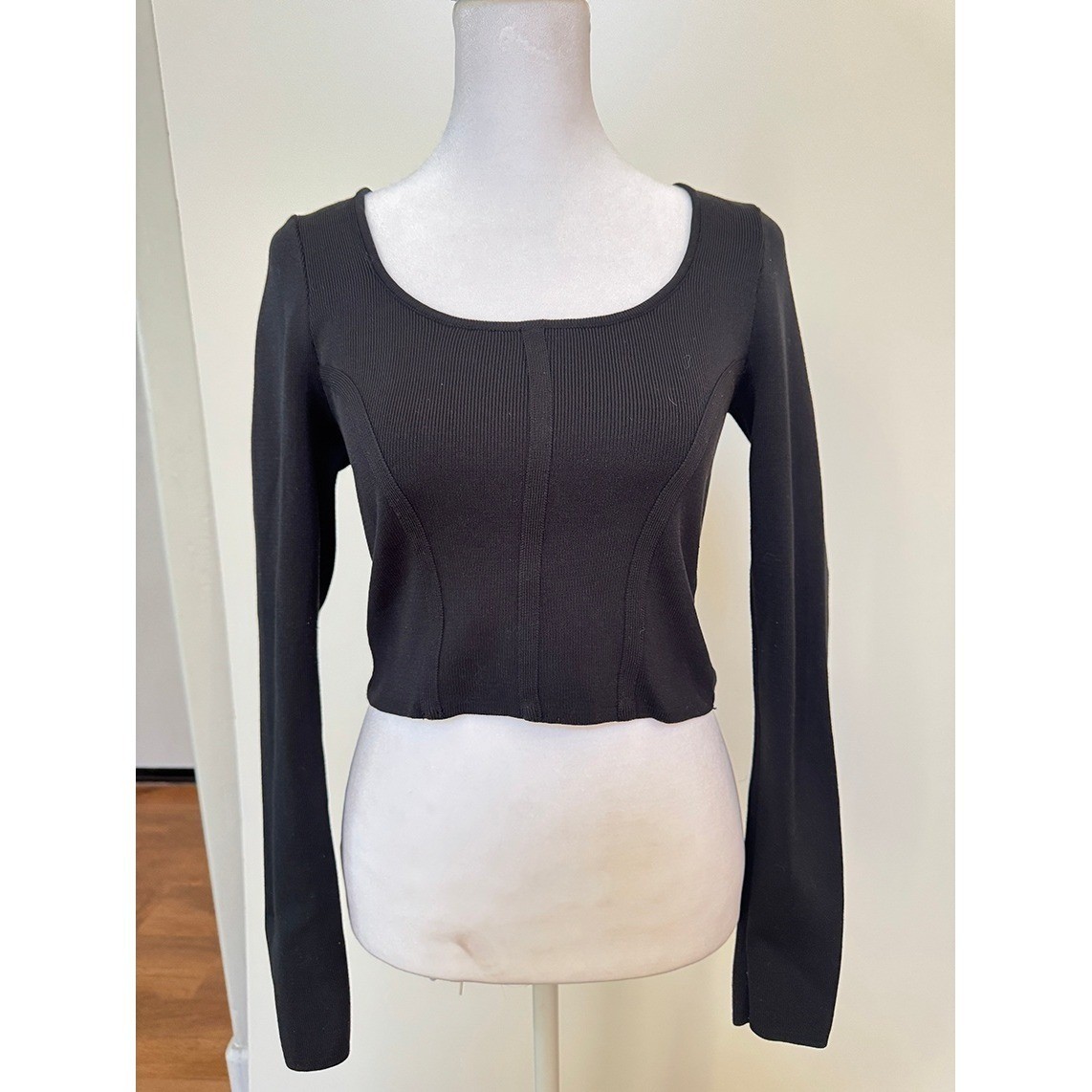 Womens Black Long Sleeve Ribbed Knit Crop Top Square Neck Size Small