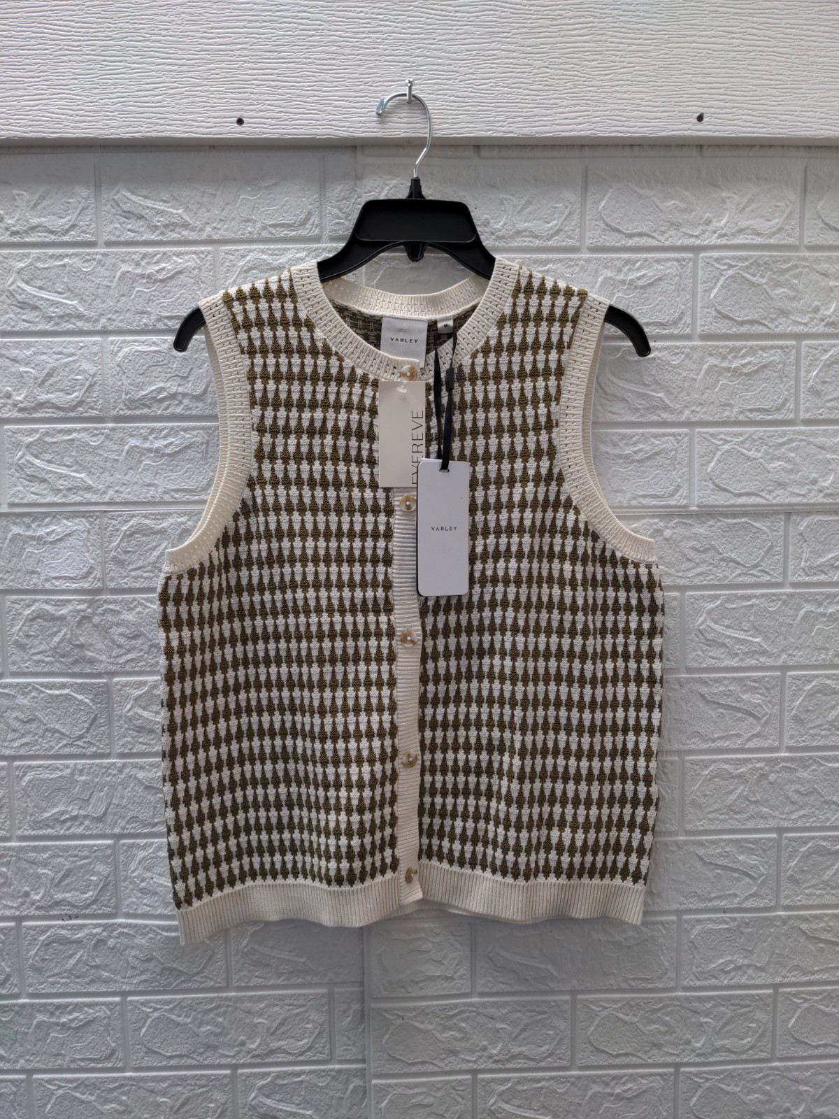 New Varley Aura Knit Top Egret/Golden Olive Sz M