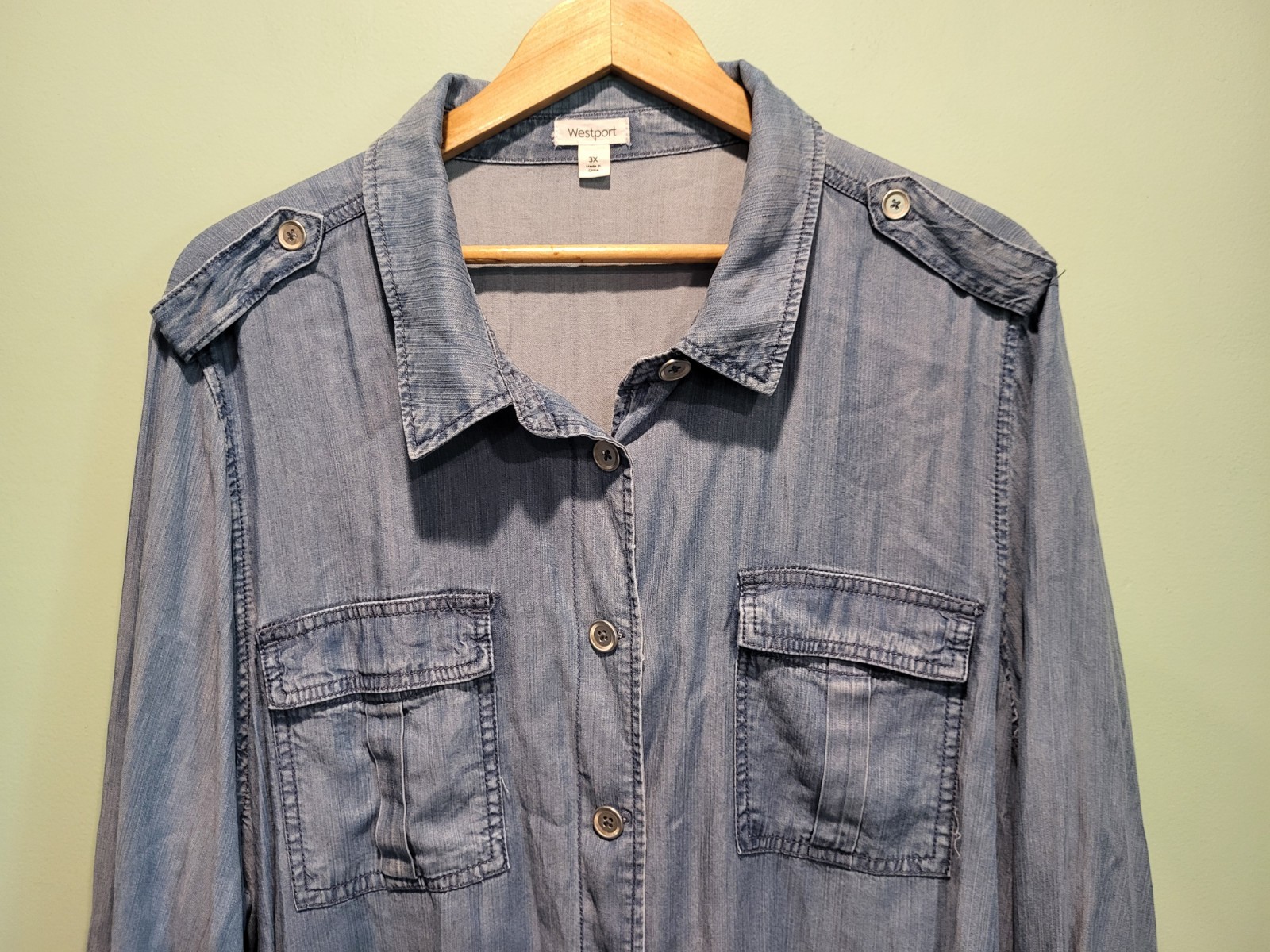 Blue Chambray Denim Lightweight Button Up Adjustable Waist Long Sleeve Top 3X