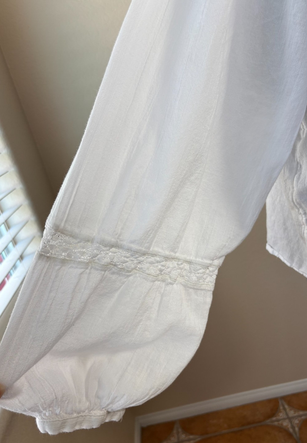 Women’s White Cotton Peasant Blouse XL Boho Balloon Sleeve Lace Trim Cottage