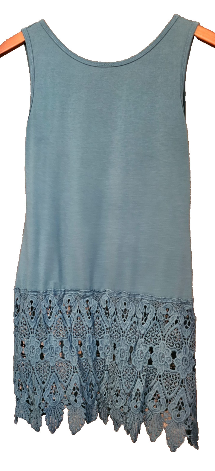 Pretty Angel Boho Small layering tunic, bottom crocheted doily detail, teal