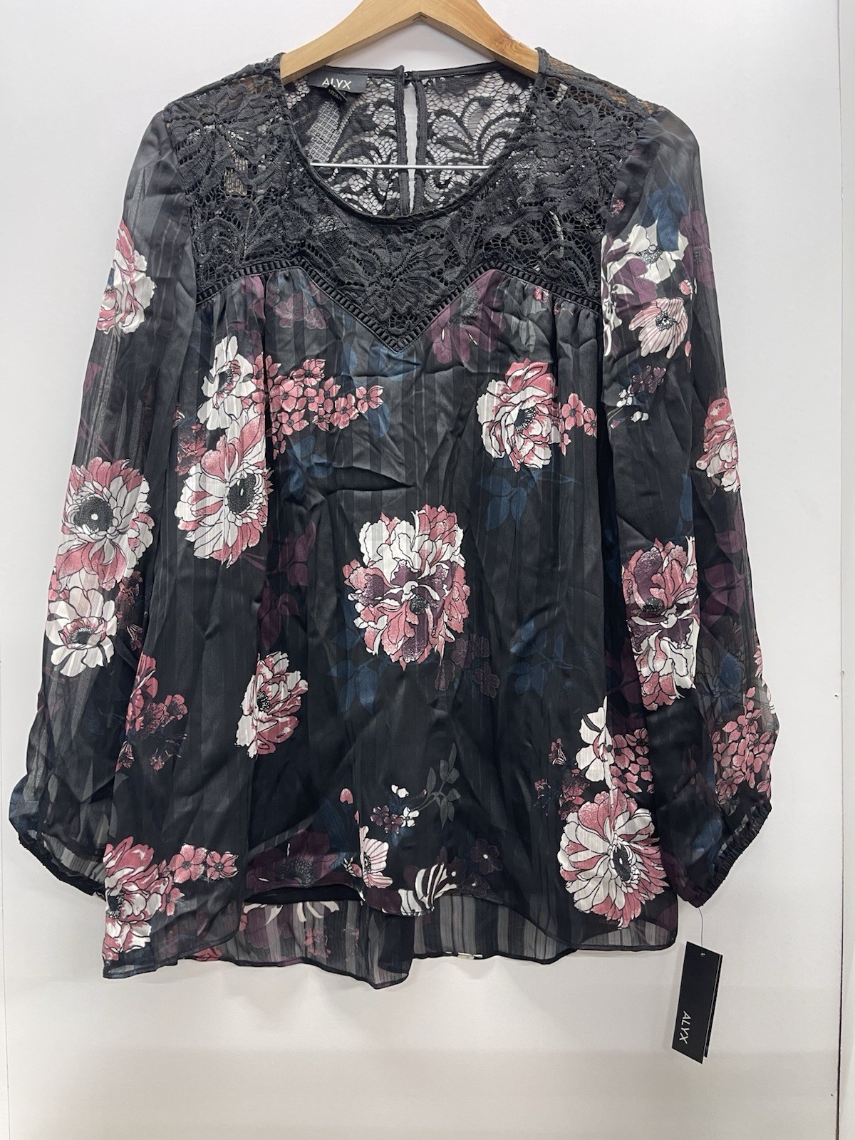 Alyx Black Sheer Floral Blouse with Pink and White Flowers Size Xl NWT New W Tag