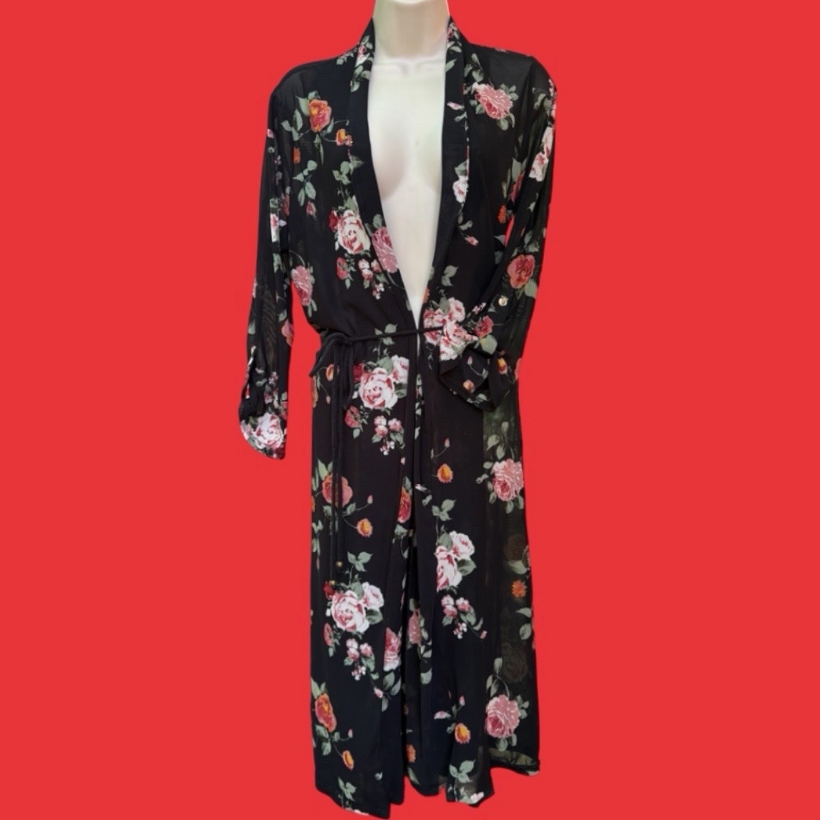 EMBER .. Sheer Belted Open Front Robe Coverup Jacket . Black & Red Roses .. Med