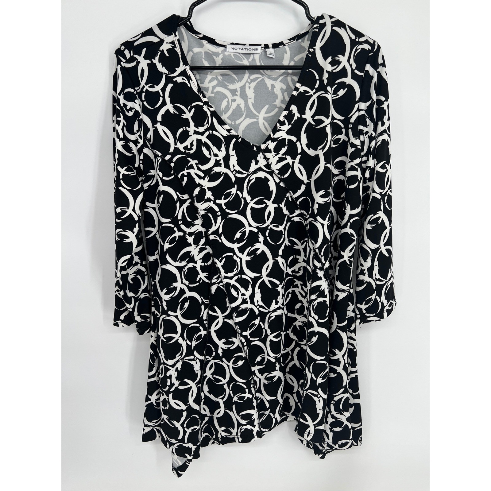 Notations Womens Black White Geometric Circle Print V-Neck 3/4 Sleeve Top Size L