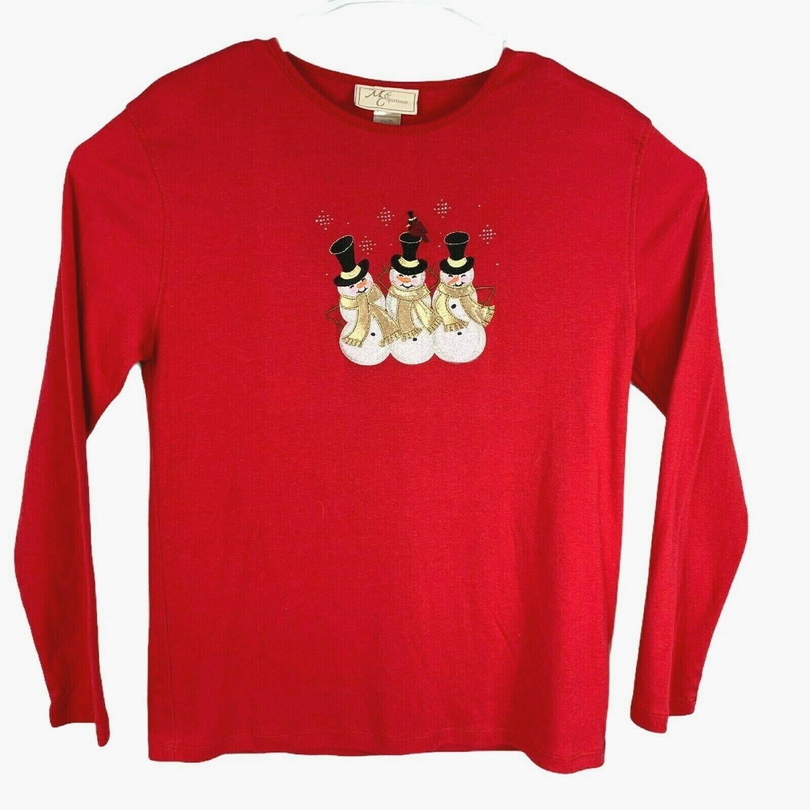 M&C Sportswear Knit Top Women XL Red Winter Snowmen Applique Holiday Christmas