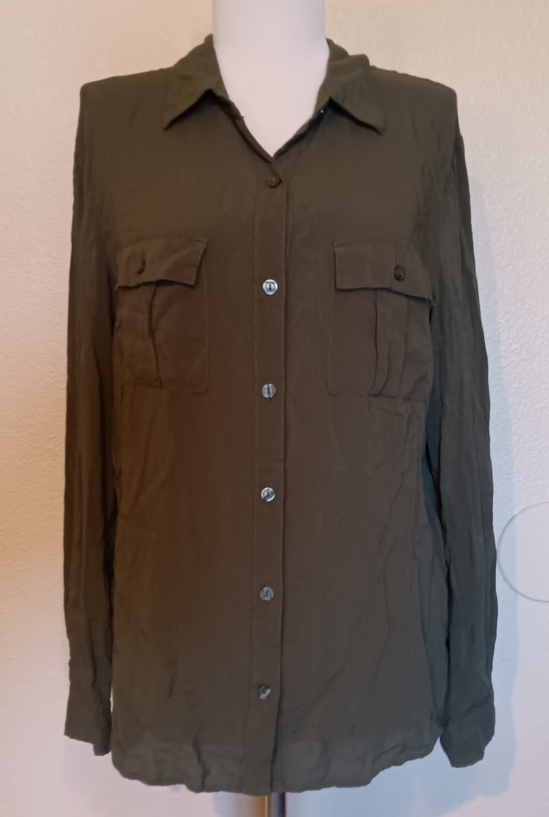 a.n.a. Olive Green Long Sleeve Rayon Roll-Tab Shirt Women’s Large Washable ~NICE