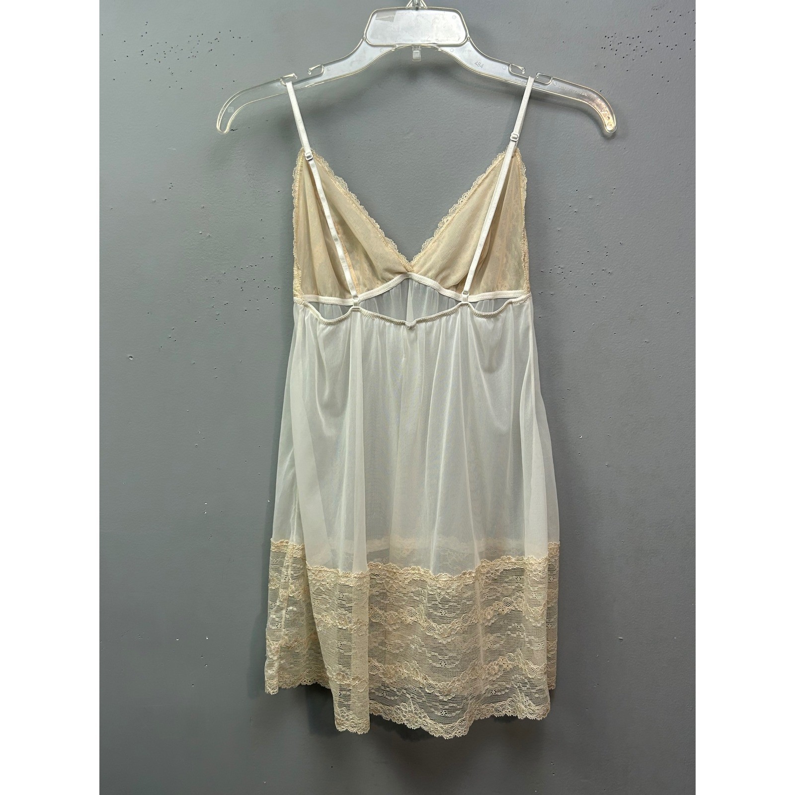Babydoll Women Small Ivory Cream Lace Trim Sheer Mesh Romantic Chemise