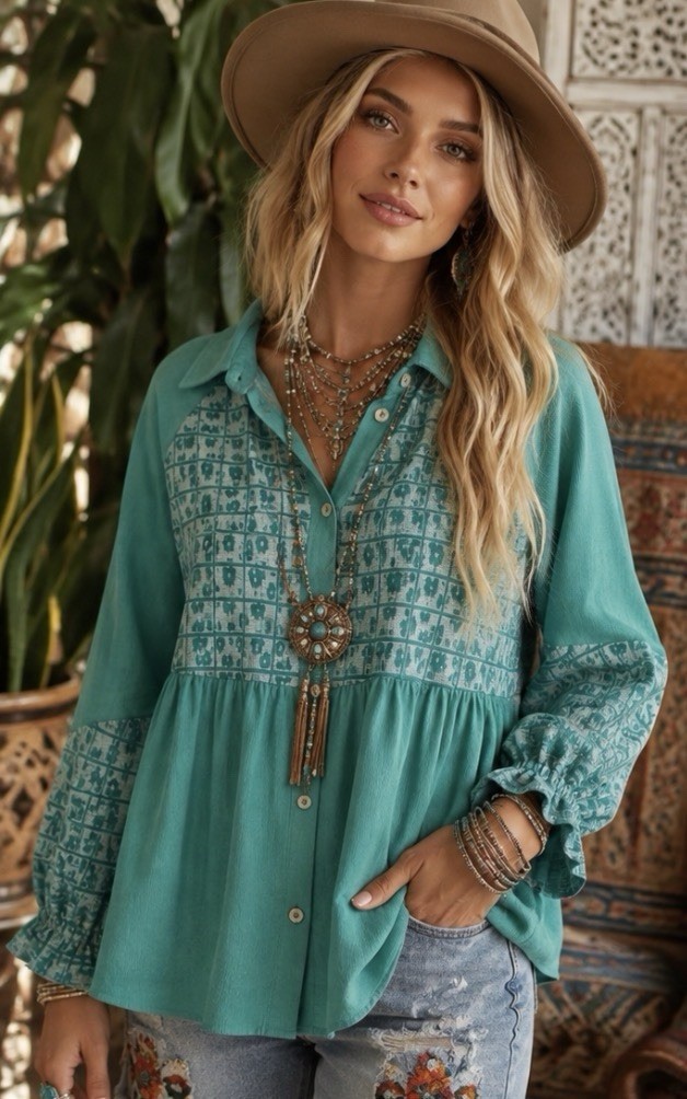 JODIFL Teal Mixed Print Button Front Babydoll Top with Ruffle Cuffs, XL