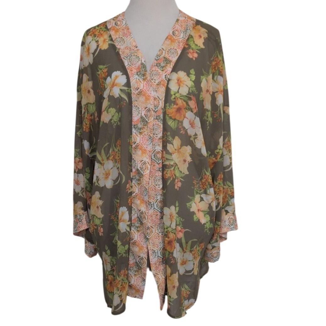 Cato Floral Open Kimono Womens Size Large Cottage Boho Sheer Lightweight
