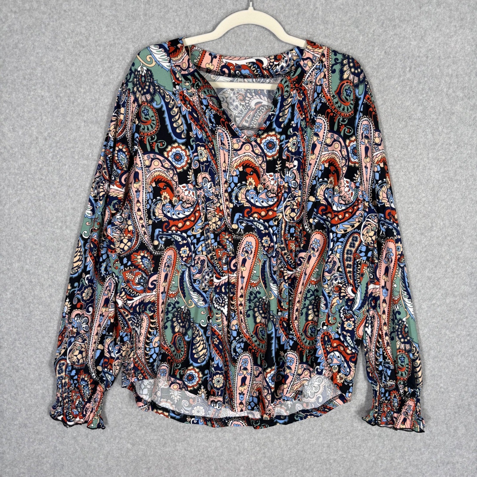 Babydoll Paisley Blouse 3XL Navy Smocked Cuff Ruffle Hem Knit Peasant Boho Artsy