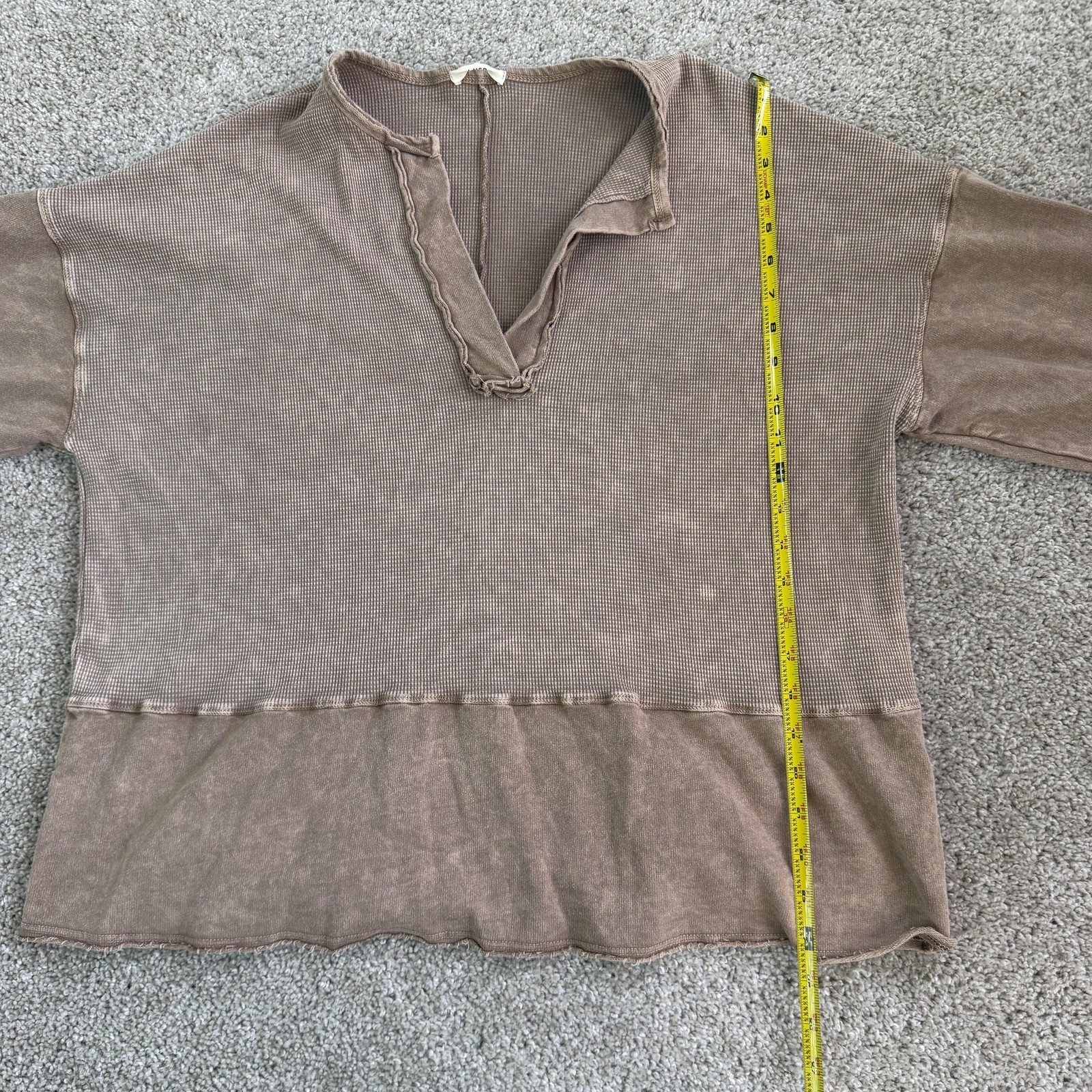 J. HER Blouse Womens Small Brown V Neck Ruffle Hem Long Sleeve Tunic Top