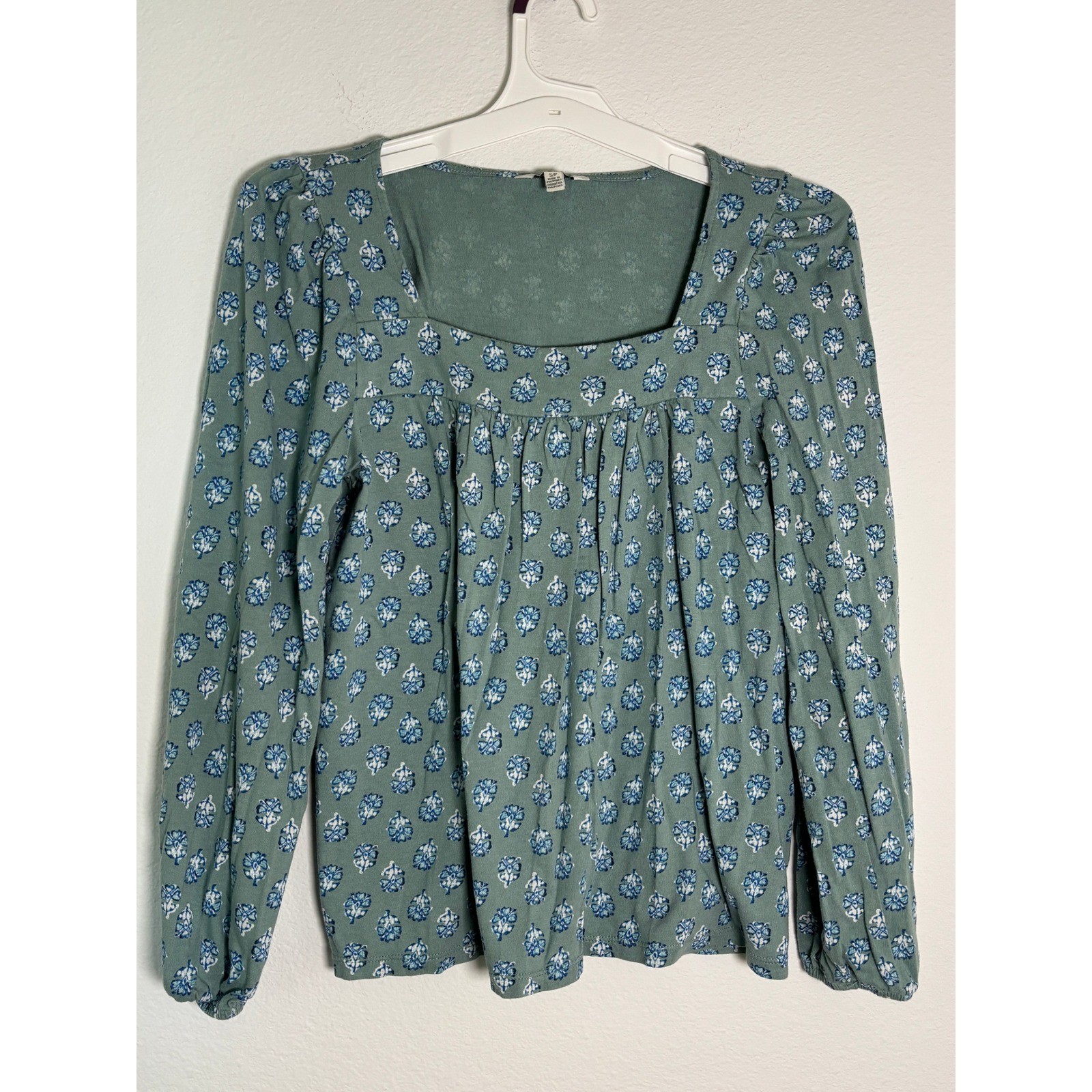 Lucky Brand Sage Green Floral Square Neck Empire Waist Long Sleeve Top Small