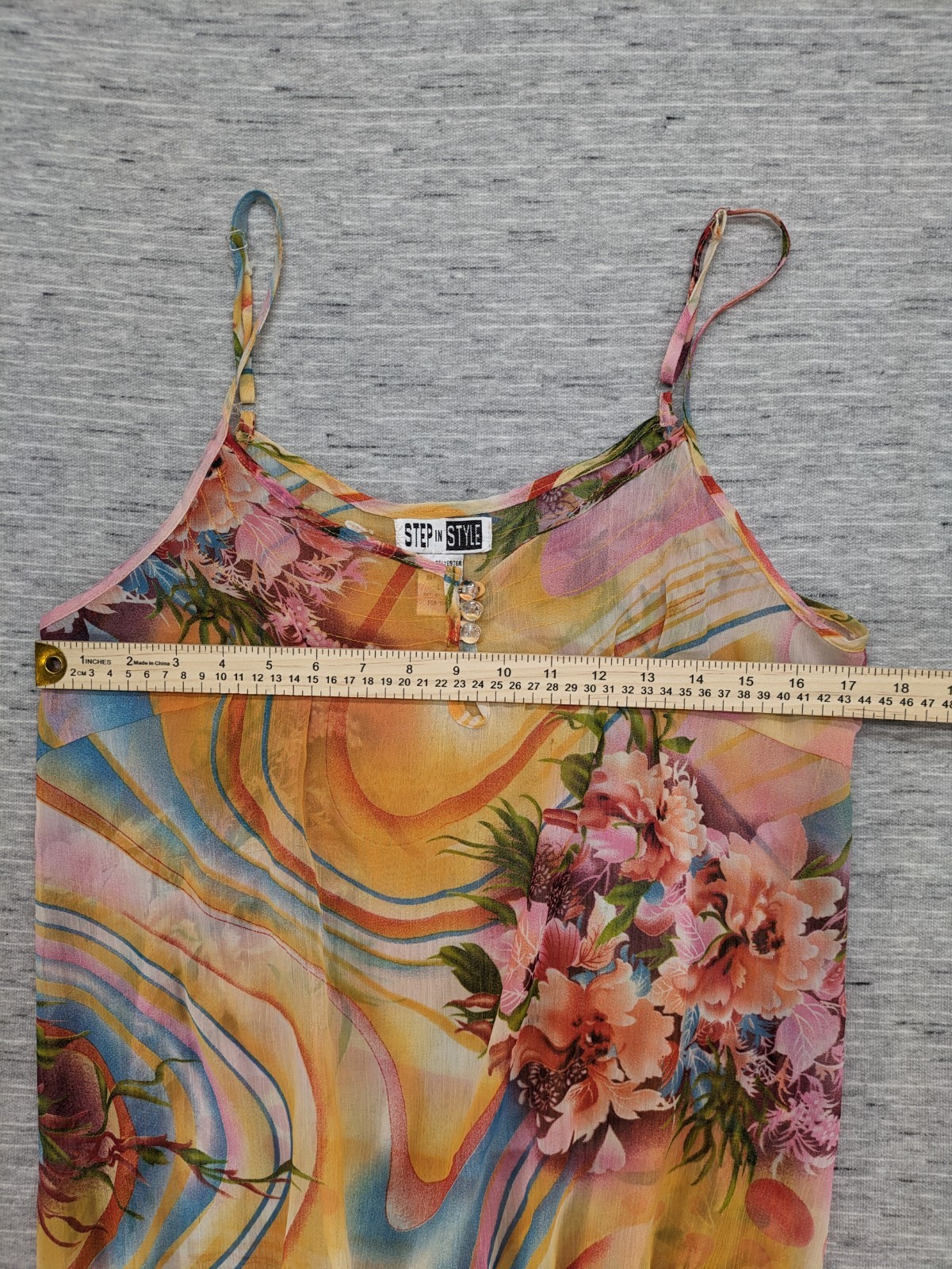 Vtg Retro Sheer Tunic Tank Step In Style LARGE Hippie Fairy Tropical Floral Art