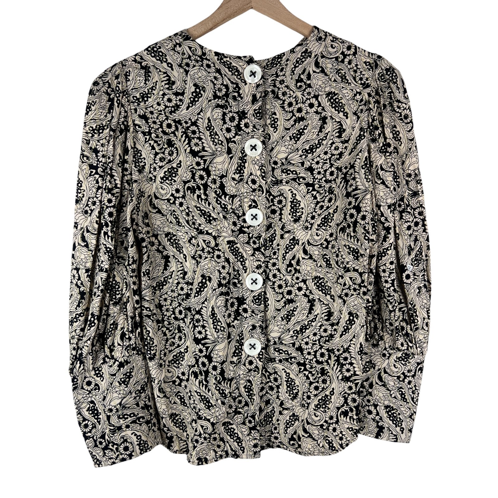 Zara Black Cream Metallic Paisley Printed Puff Sleeve Blouse Size Small