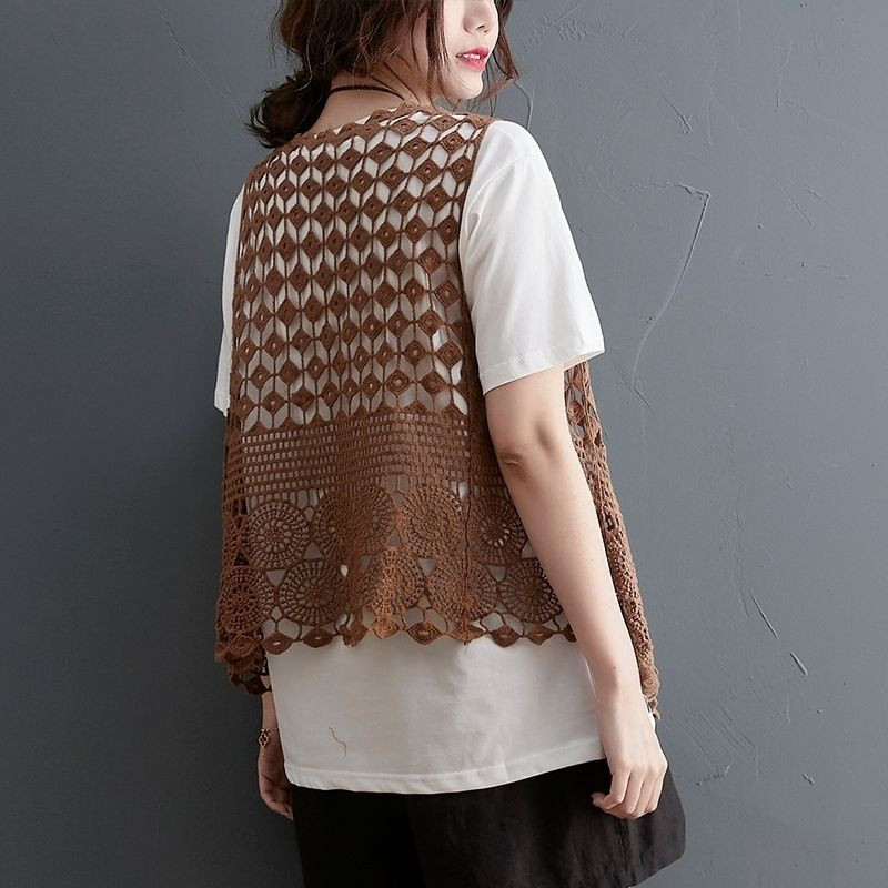 Women Lace Hollow Crochet Cardigan Open Front Vest Cotton Knit Gilet Tank Tops