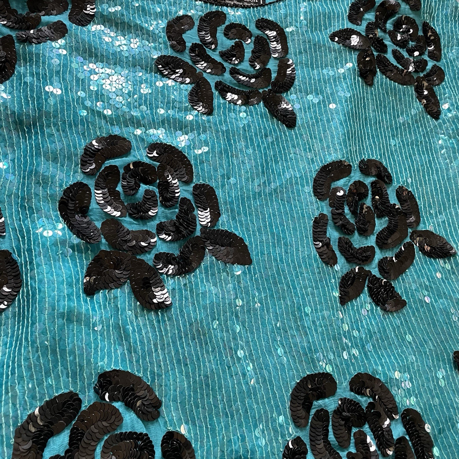 VTG Jean Joseph Le Bon Top Size Large Pure Silk Sequin turquoise Black Roses Lux