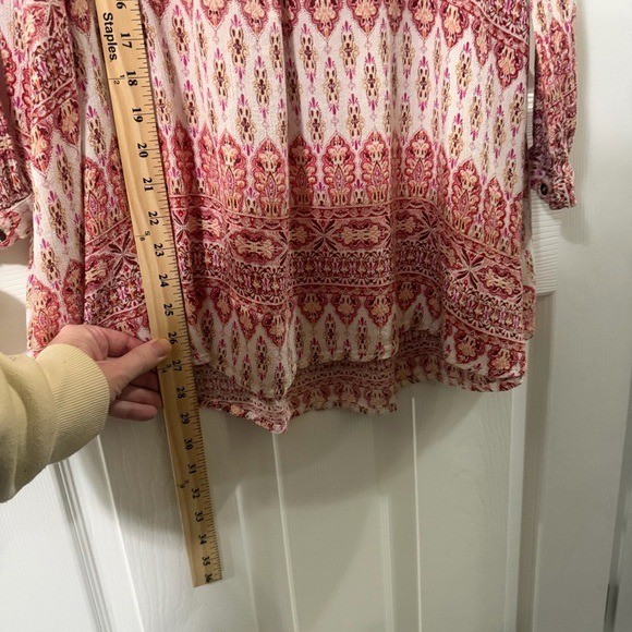 En Creme Boho Tunic Blouse Womens Small Red Geometric Viscose Excellent Pockets