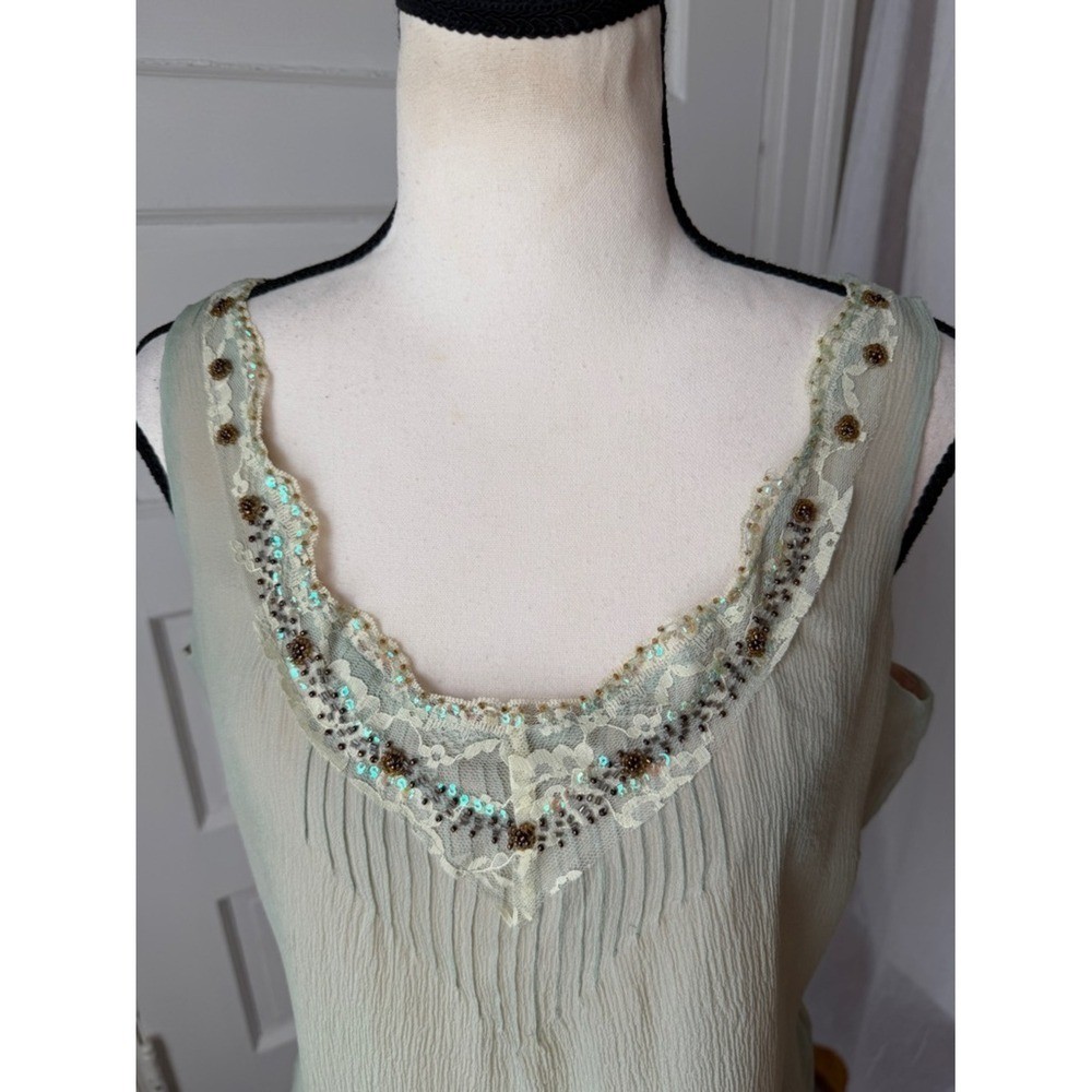 New York City Design co. Silk Sage Green Bead Embellished Y2K V-Neck Camisole Lg