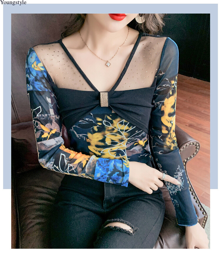 Sexy Korean Women Mesh Rhinestone Slim Casual Party Cocktail Tops Blouse Shirts