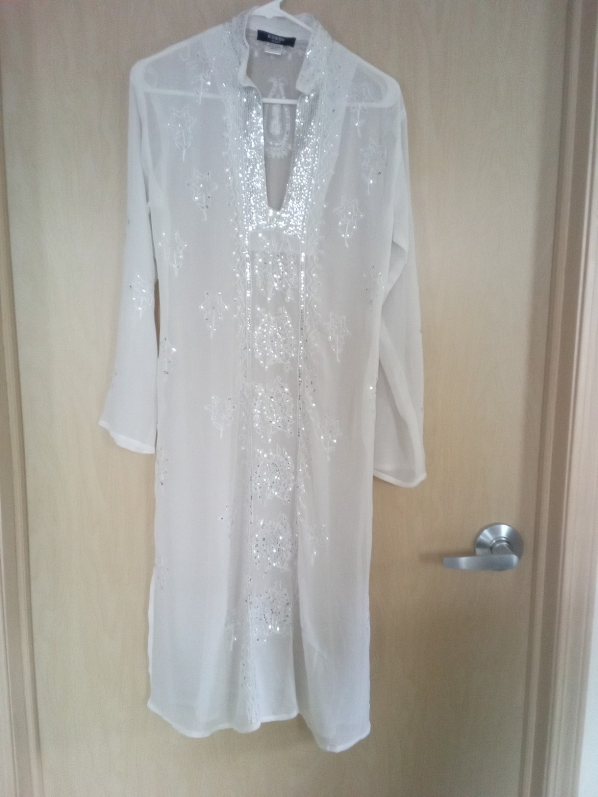 Tokyo Denim Beaded Embroidered Sheer White Silver Sequin Dress w/Side Slits Sz M