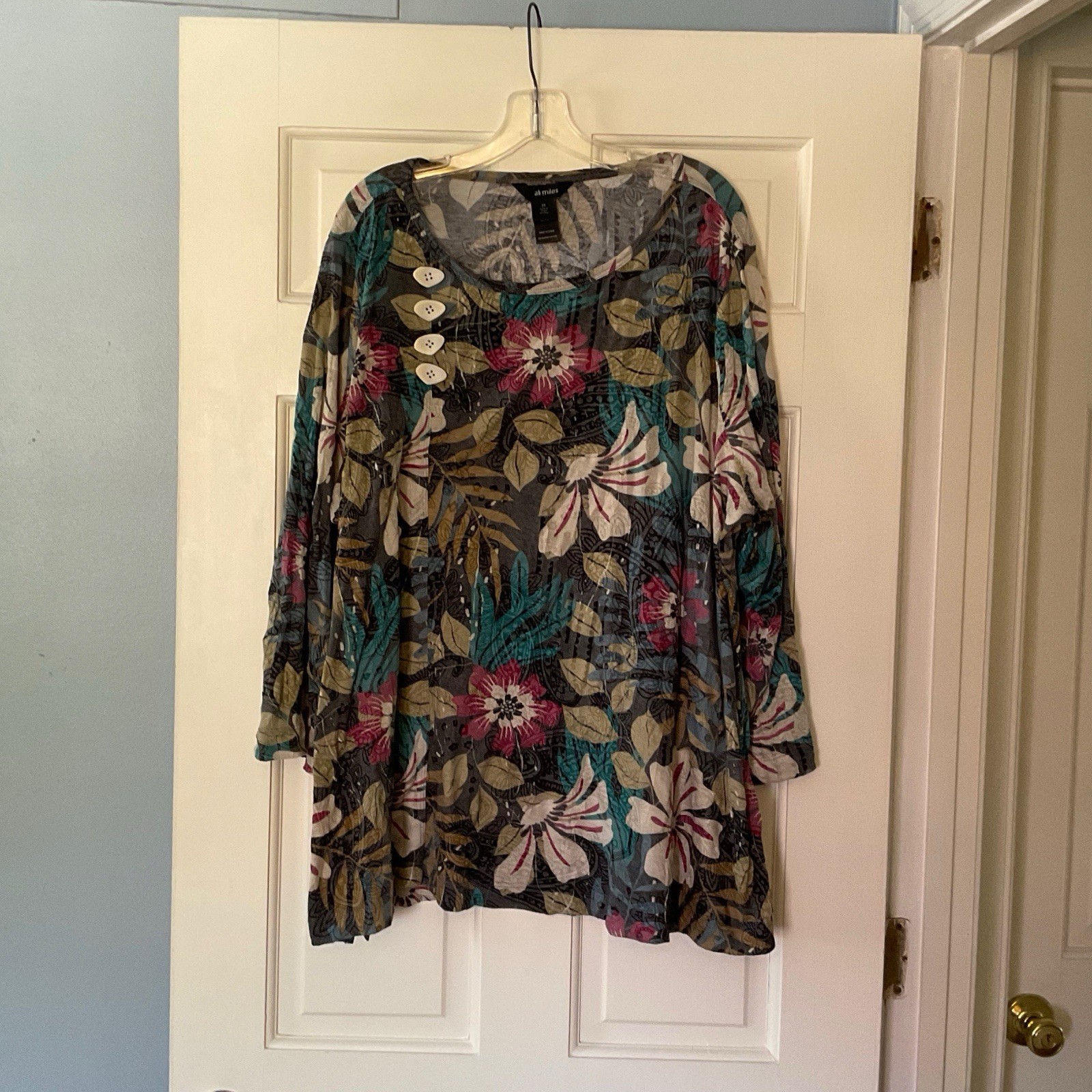 Ali Miles Floral Tunic Top Button Detail 3X Artsy Art To Wear Lagenlook Boho