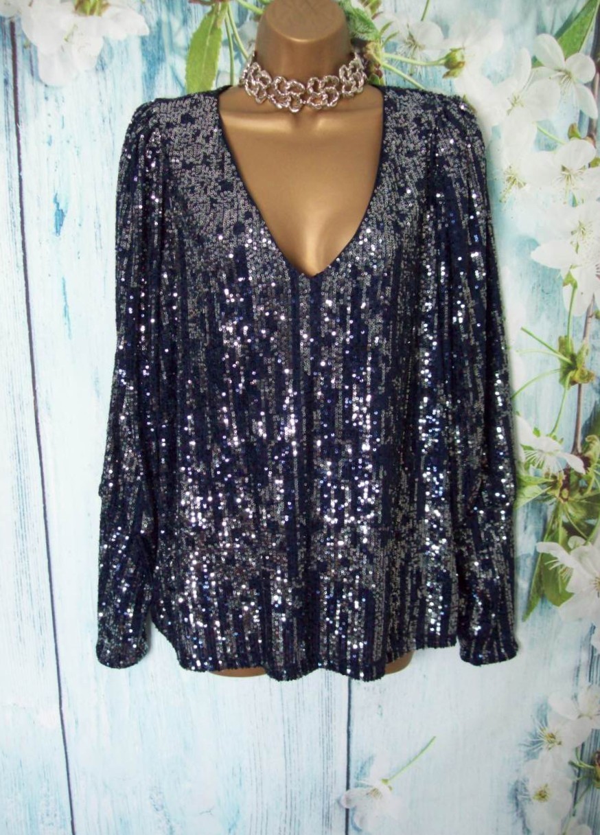 Next Navy Silver Sequin Sparkle V Neck Top Size 16 Evening Party Occasion Blouse