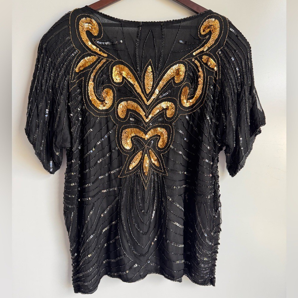 Vintage Jean for Joseph Le Bon 100% Pure Silk Black Sequin Top Women XL Gold
