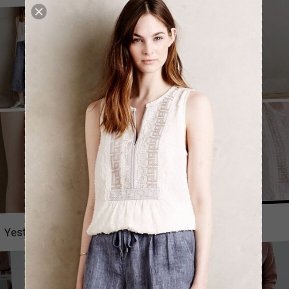 Anthropologie One September Cream Embroidered Sleeveless Top Size M Cream Sheer