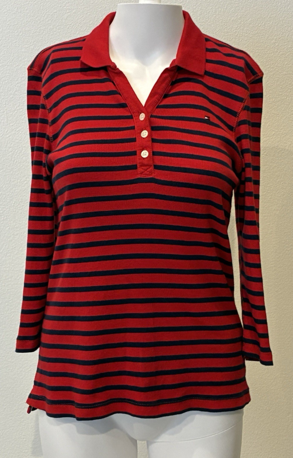 VTG Y2K Tommy Hilfiger Striped Johnny Collar Polo Shirt M Red 3/4 Sleeve Preppy