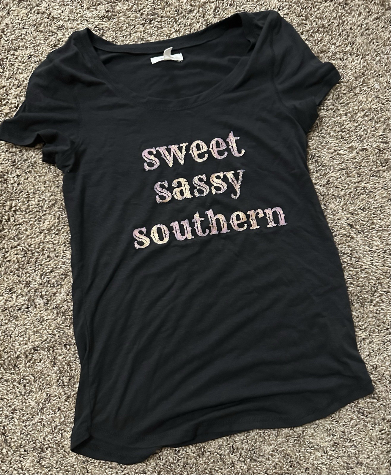Women’s Black Cotton Knit Scoop Neck Short Sleeve Graphic Tee “Sweet Sassy” XS