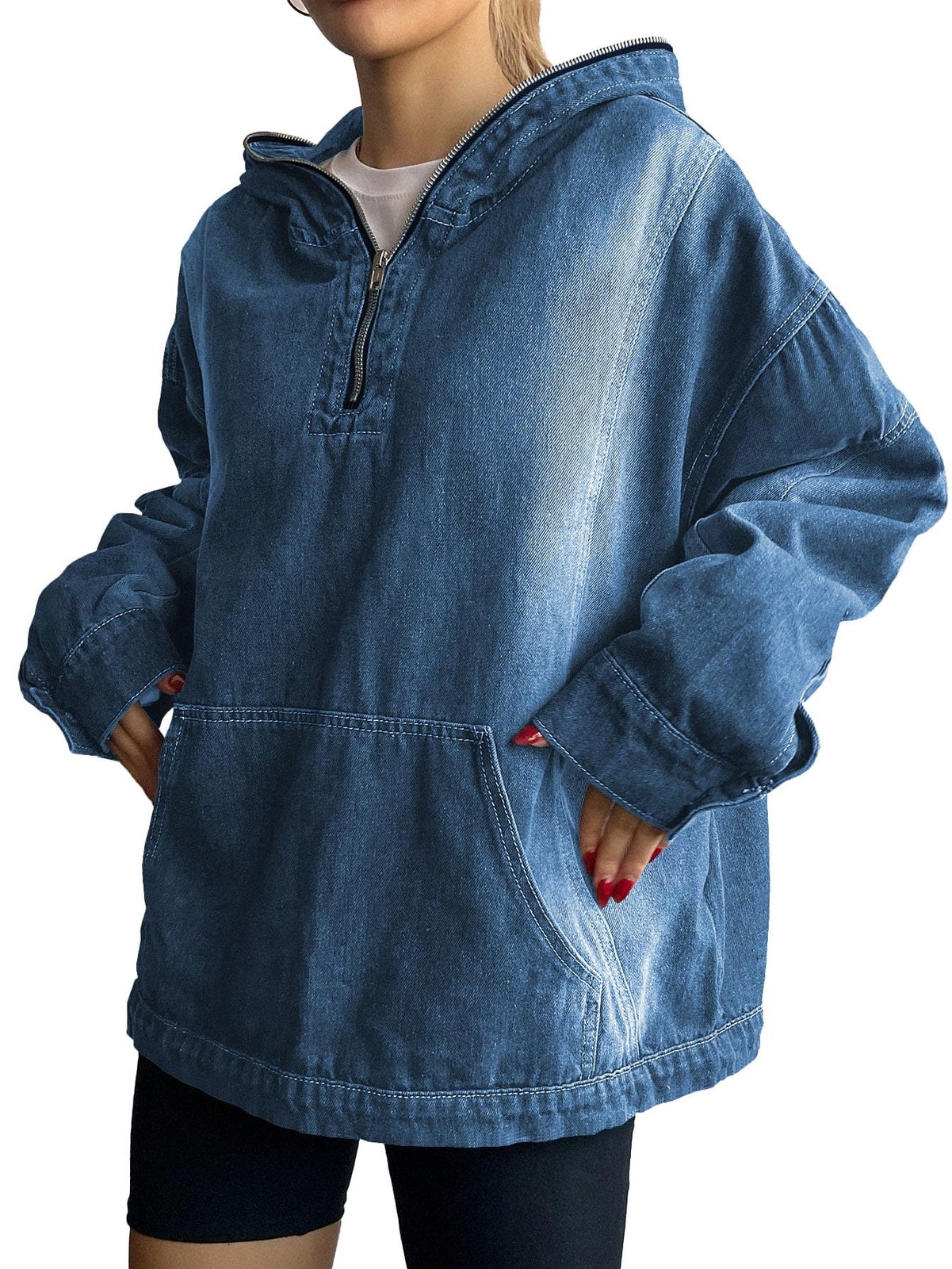 Women’s Half Zip Denim Hoodie Pullover Sweatshirt Jean Jacket with Pocket Dar…