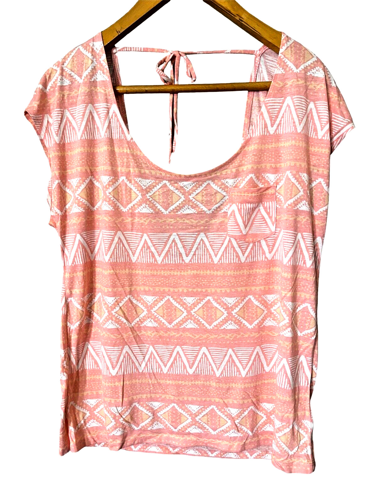 Lilu Pocket T Shirt Womens L Low Tie Back Pink Peach White