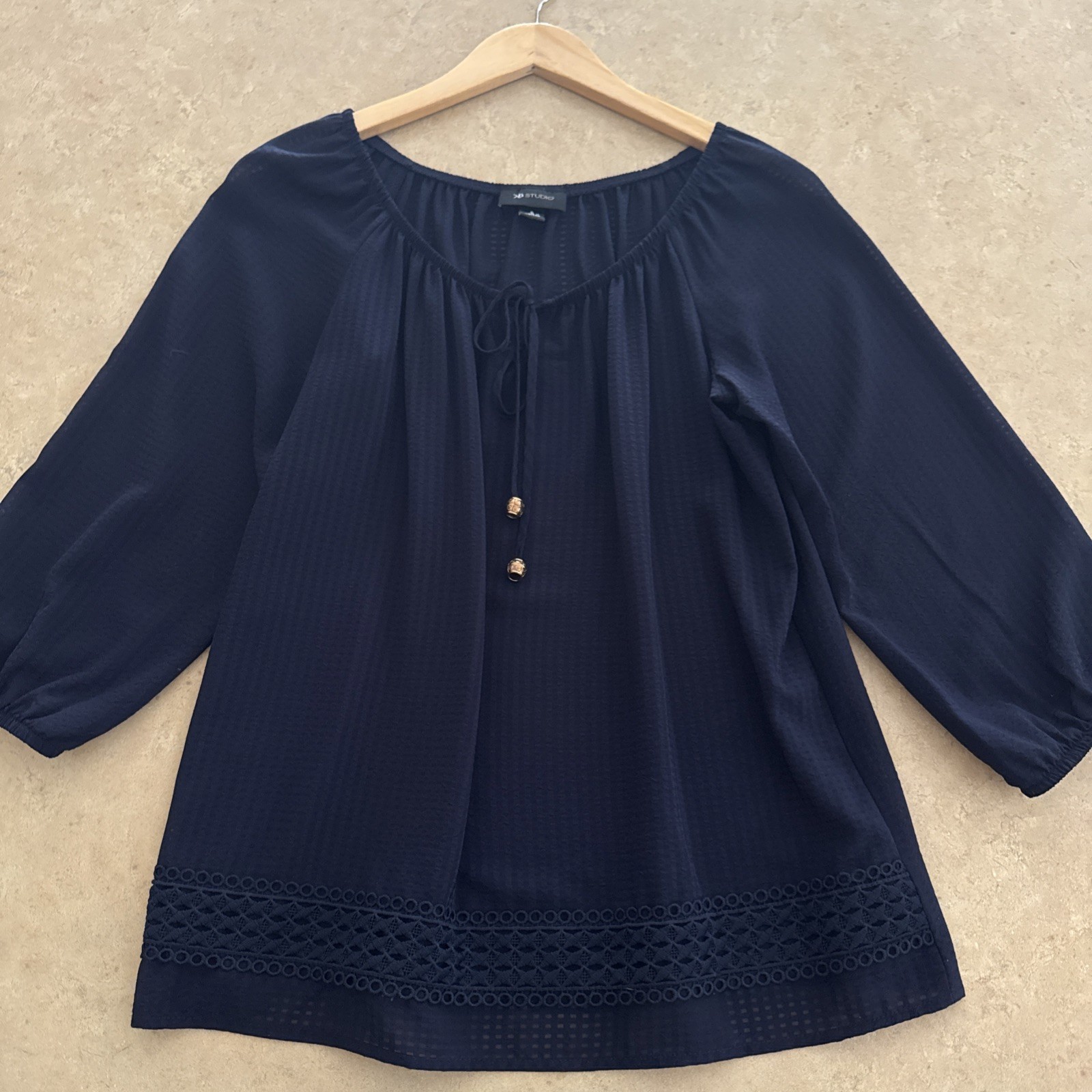 AB Studio Women’s Size Small Sheer Navy Blue Blouse 3/4 Sleeves Bead Accent