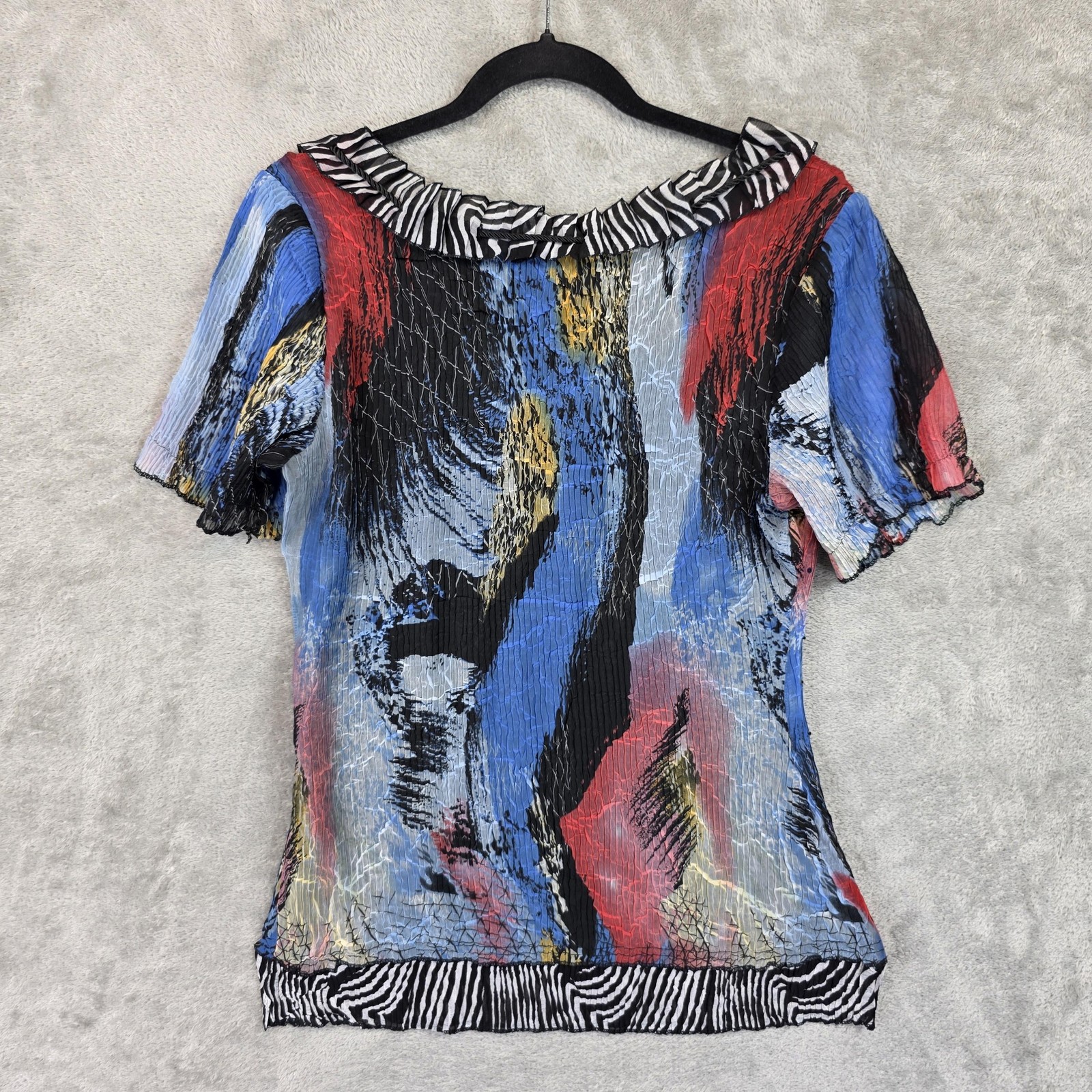 Alberto Makali Blouse Womens L Multi Scoop Neck Ruffle Sequin Top Animal Print