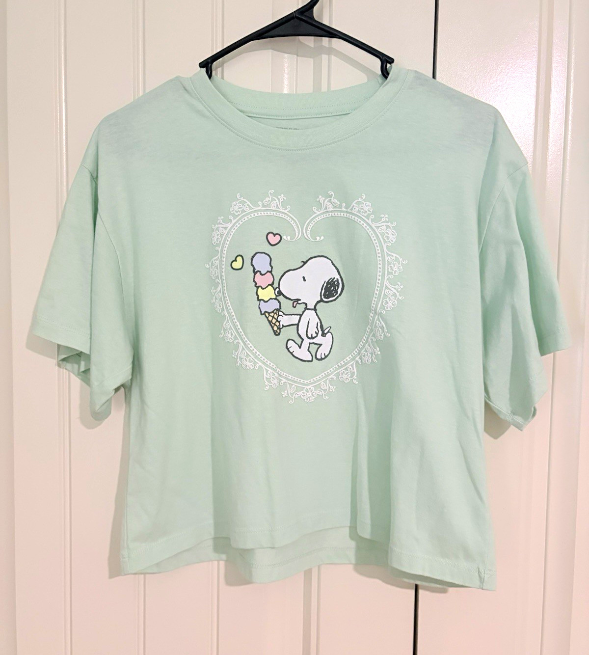 Peanuts Snoopy Juniors Green Graphic Cropped Crew Neck Short Sleeve Knit Tee S