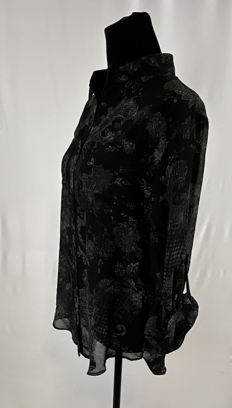Decree Women’s XS Black Gray Sheer Paisley Collared Long Sleeve Button-Up Blouse