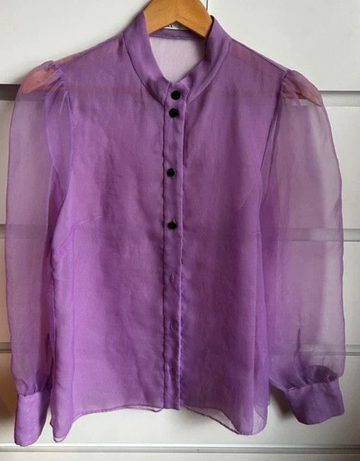 ZARA Semi Sheer Organza Blouse Top Shirt Button Blogger Size L Lilac Bloggers
