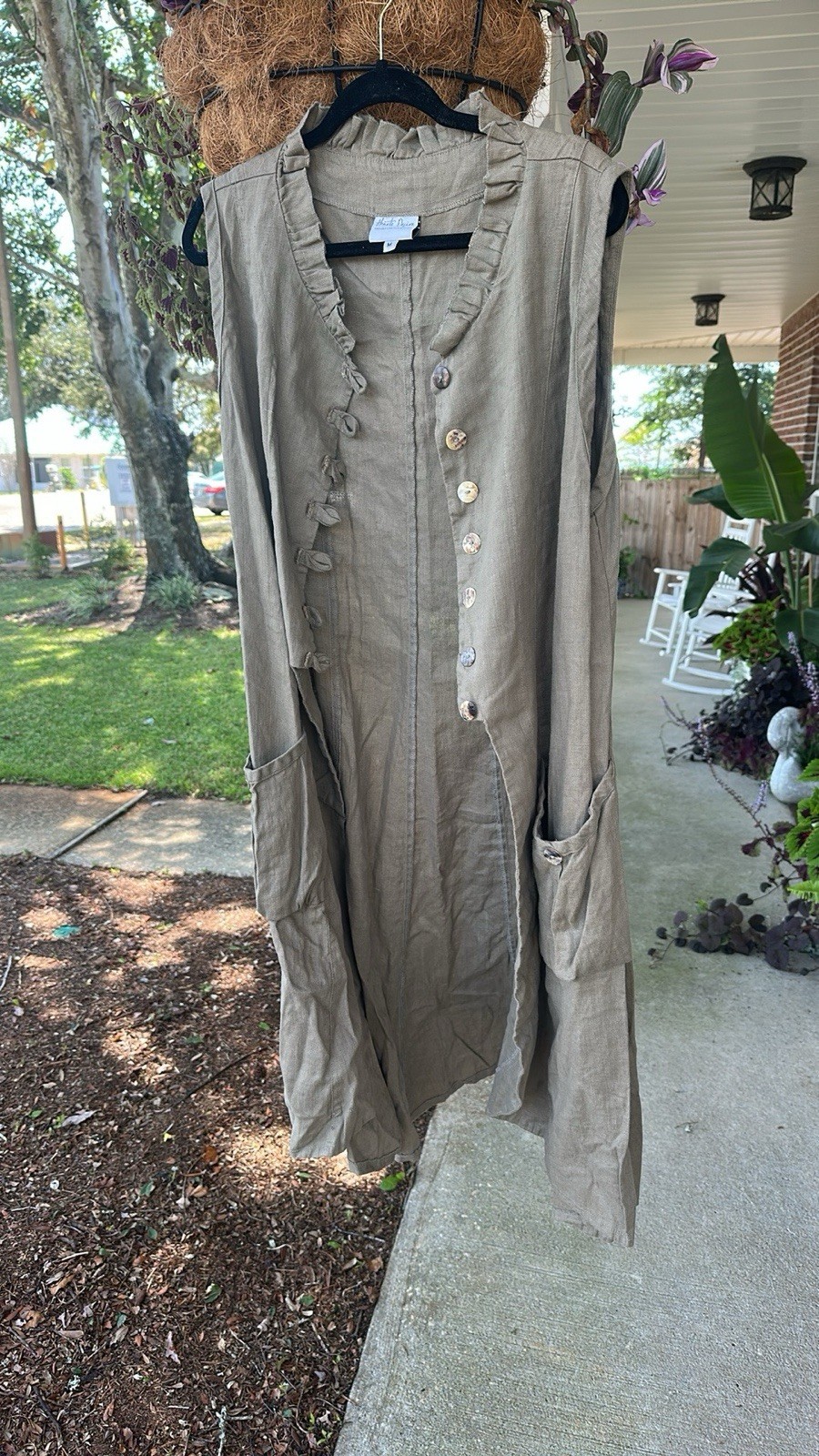 Hearts Desire Clothing Linen Sleeveless V-Neck Button Front Pocket Tunic L