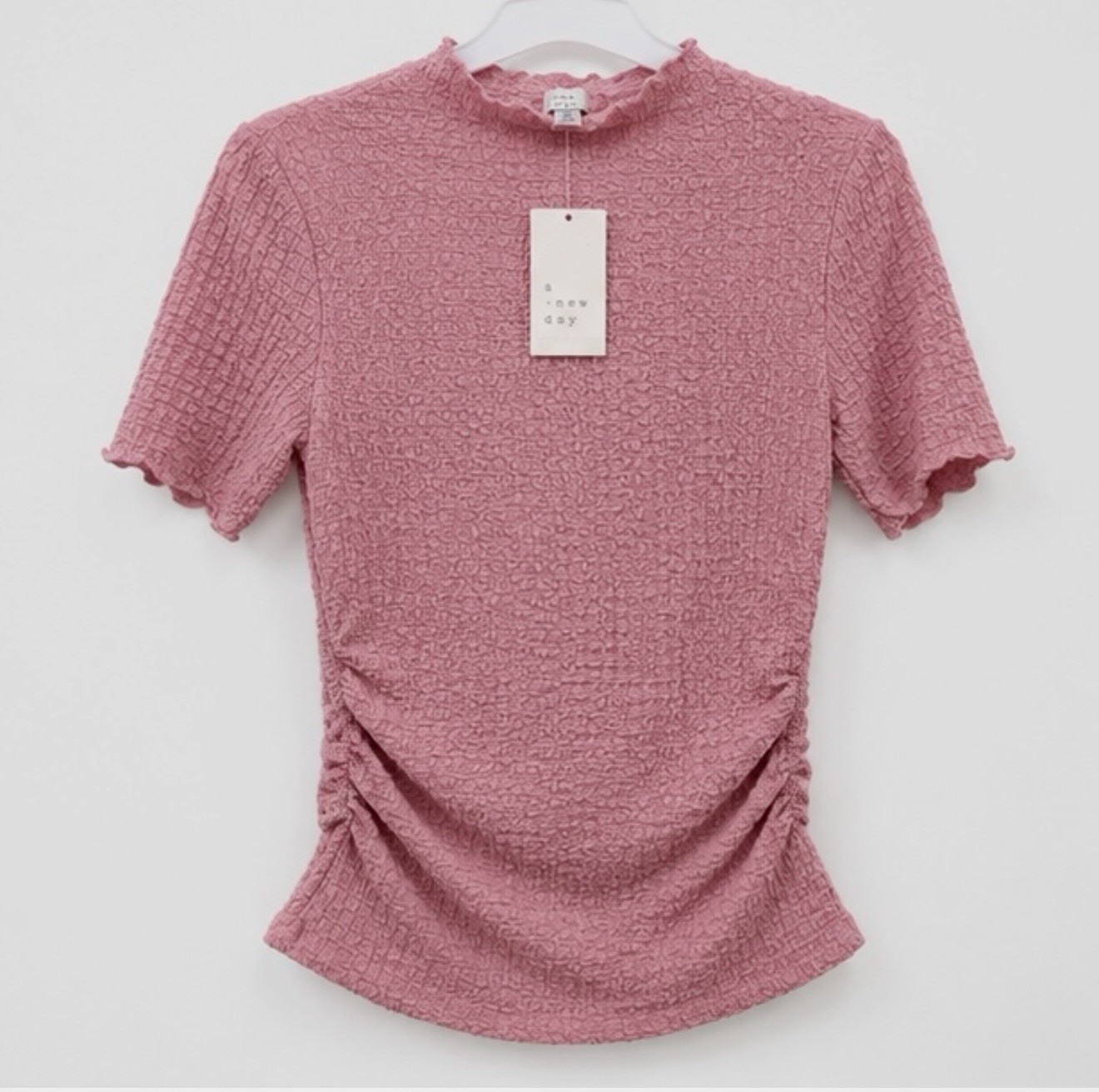 A New Day Pink Textured Knit Ruched Mock Neck Short Sleeve Top, Women’s M