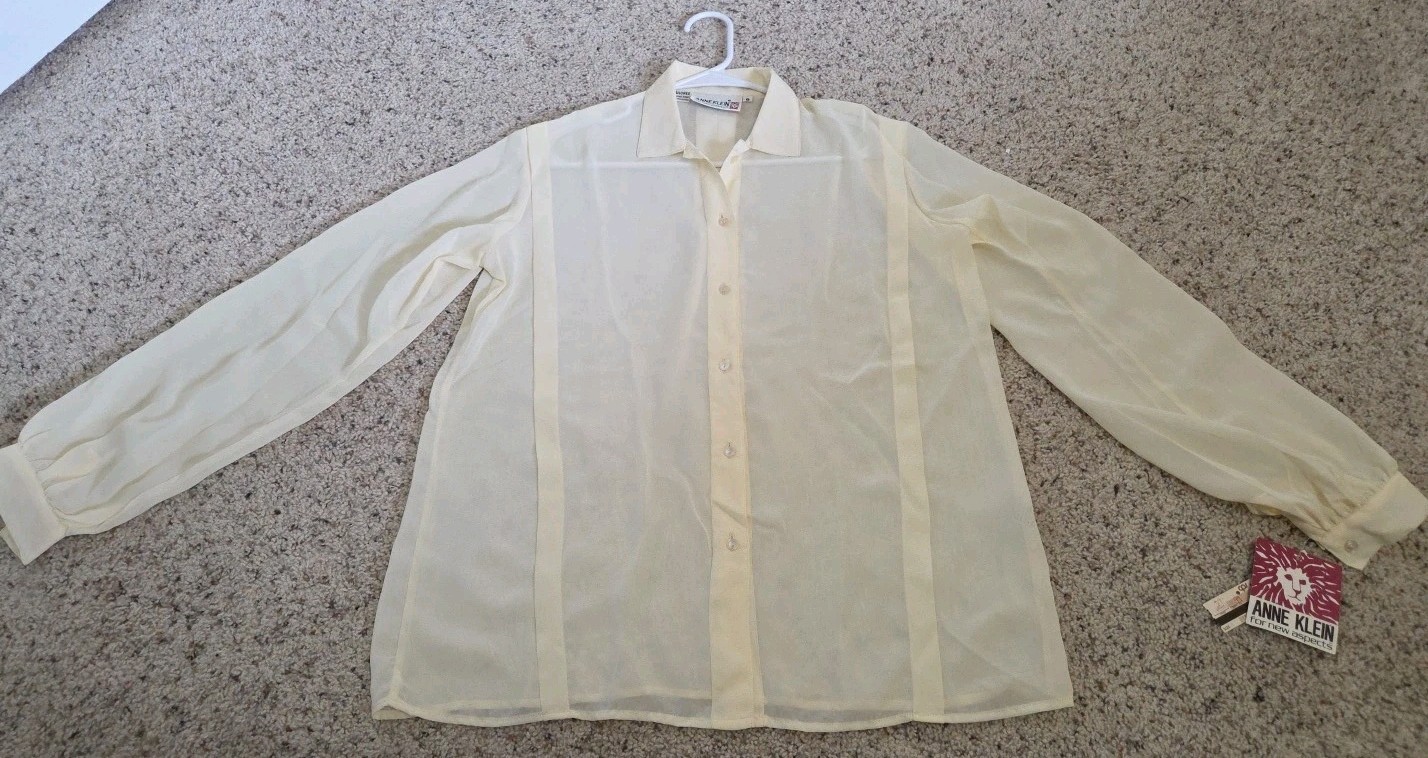 Vtg 70s 80s New W/ Tags Anne Klein Cream/Ivory Sheer Button Up Blouse Shirt Sz 8