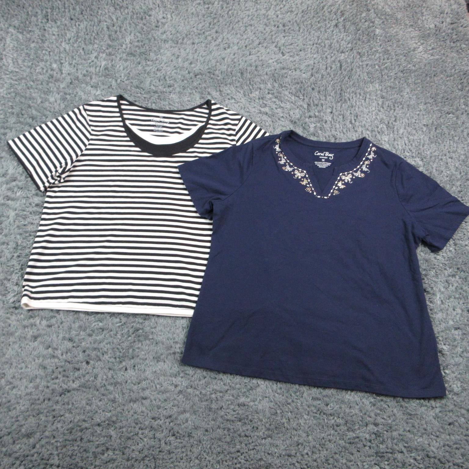 Coral Bay Shirt Womens 1X Blue V-Neck Black Stripe Crew Neck Jersey 2 pack