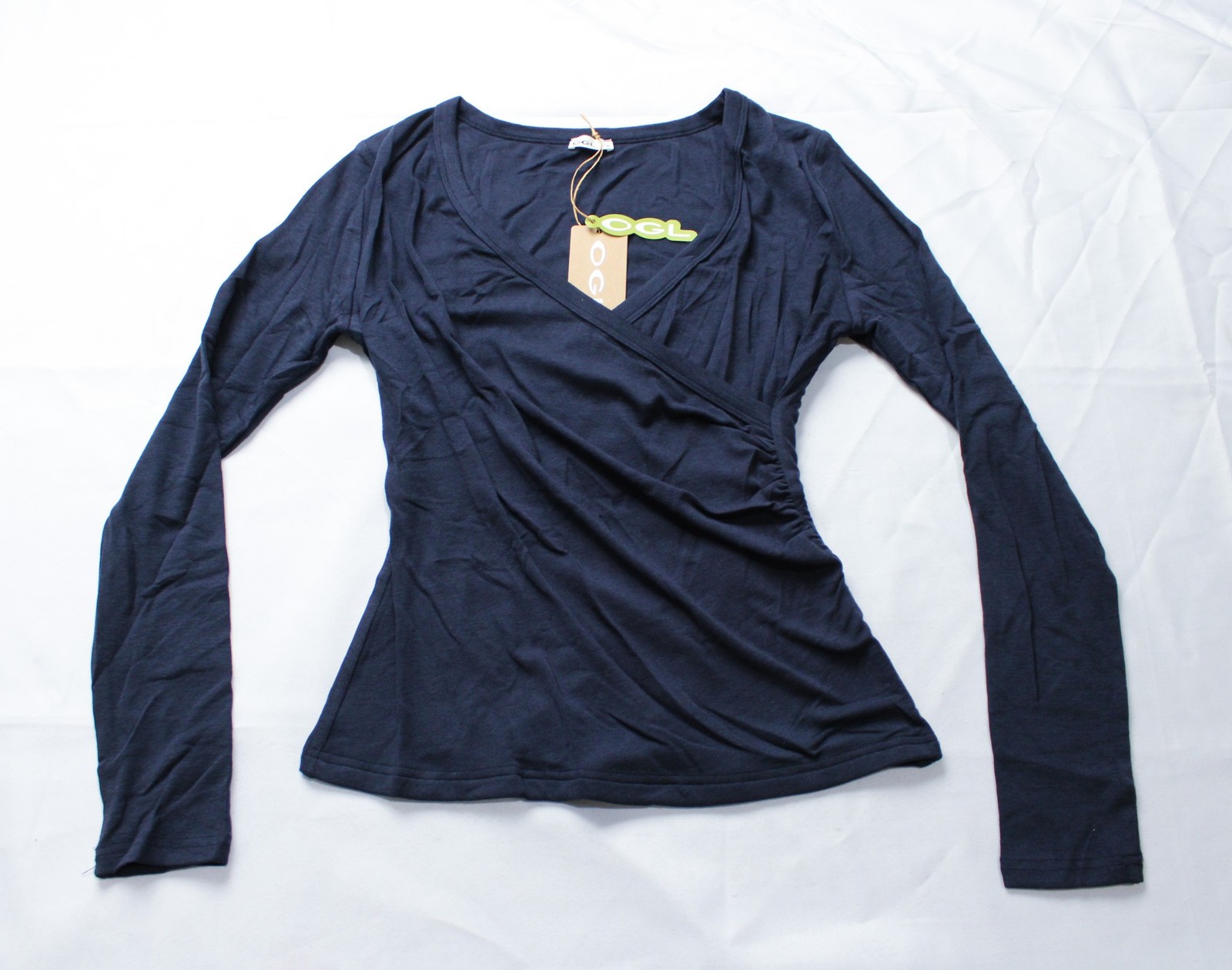 OGL Women’s Solid Surplice Ruched Long Sleeve Top EJ3 Universe Navy Medium NWT