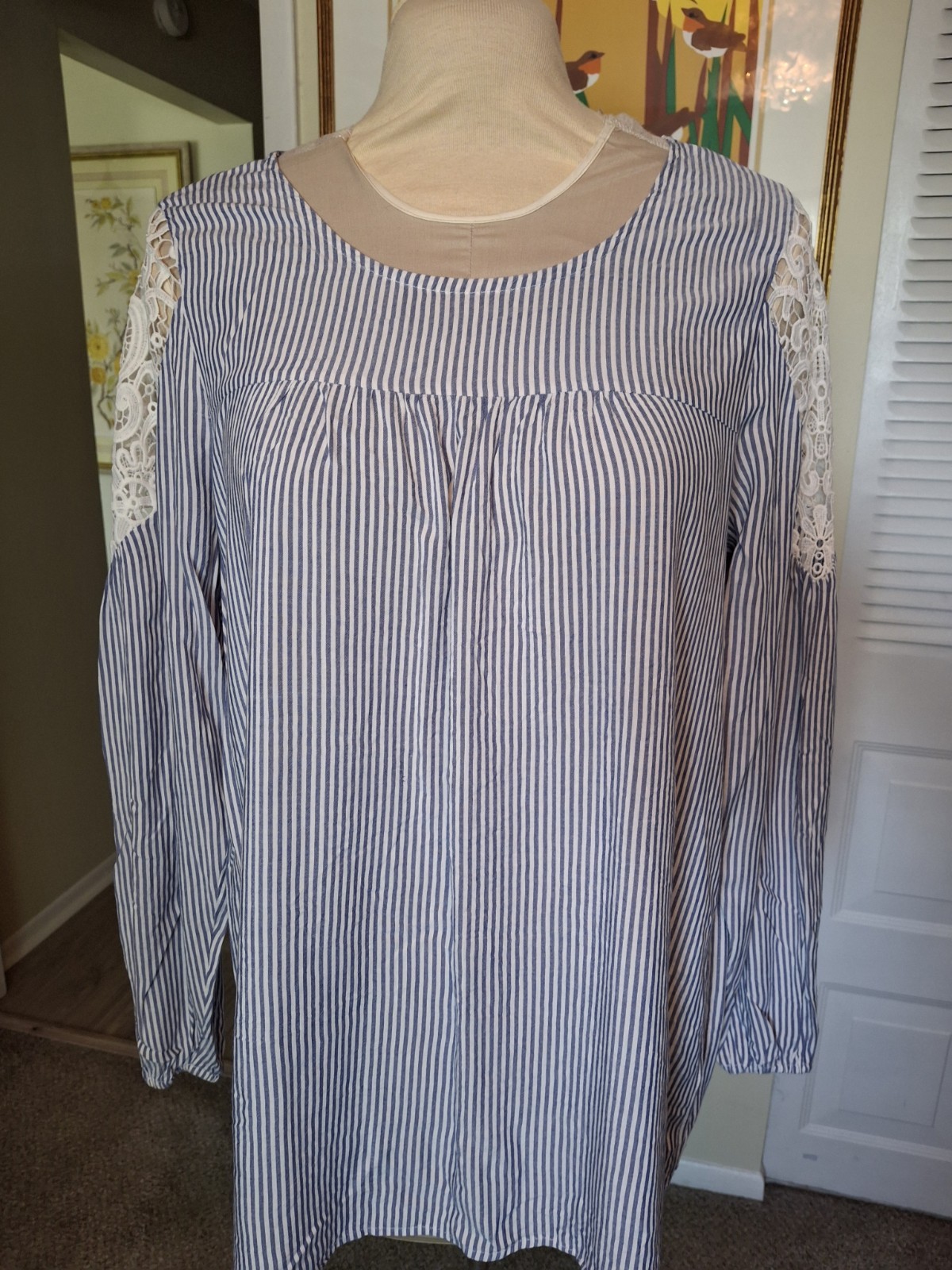 Lane Bryant Size 14/16 Top Long Sleeve Blue White Stripe Lace Insert Blouse
